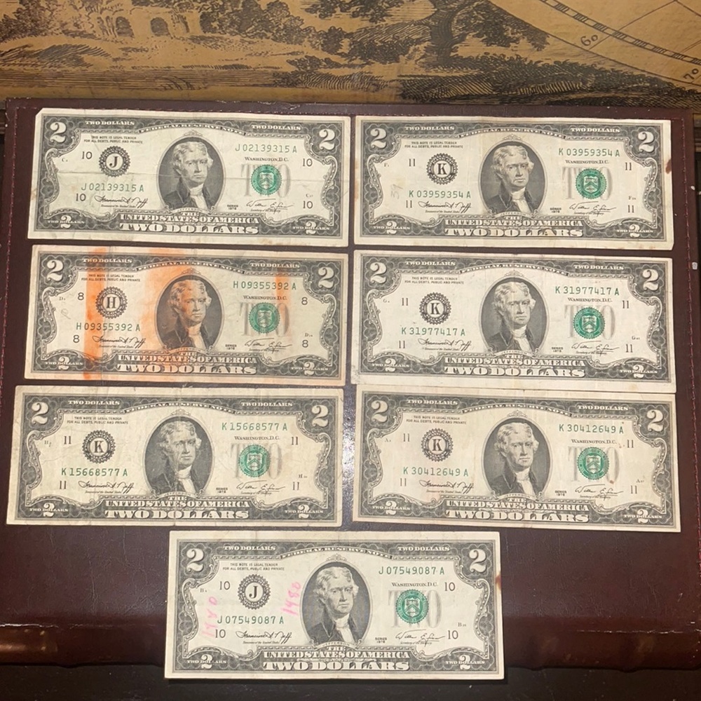 Lot of 7 U.S. 🇺🇸 ($2.00) Two Dollar Bills Series 1976